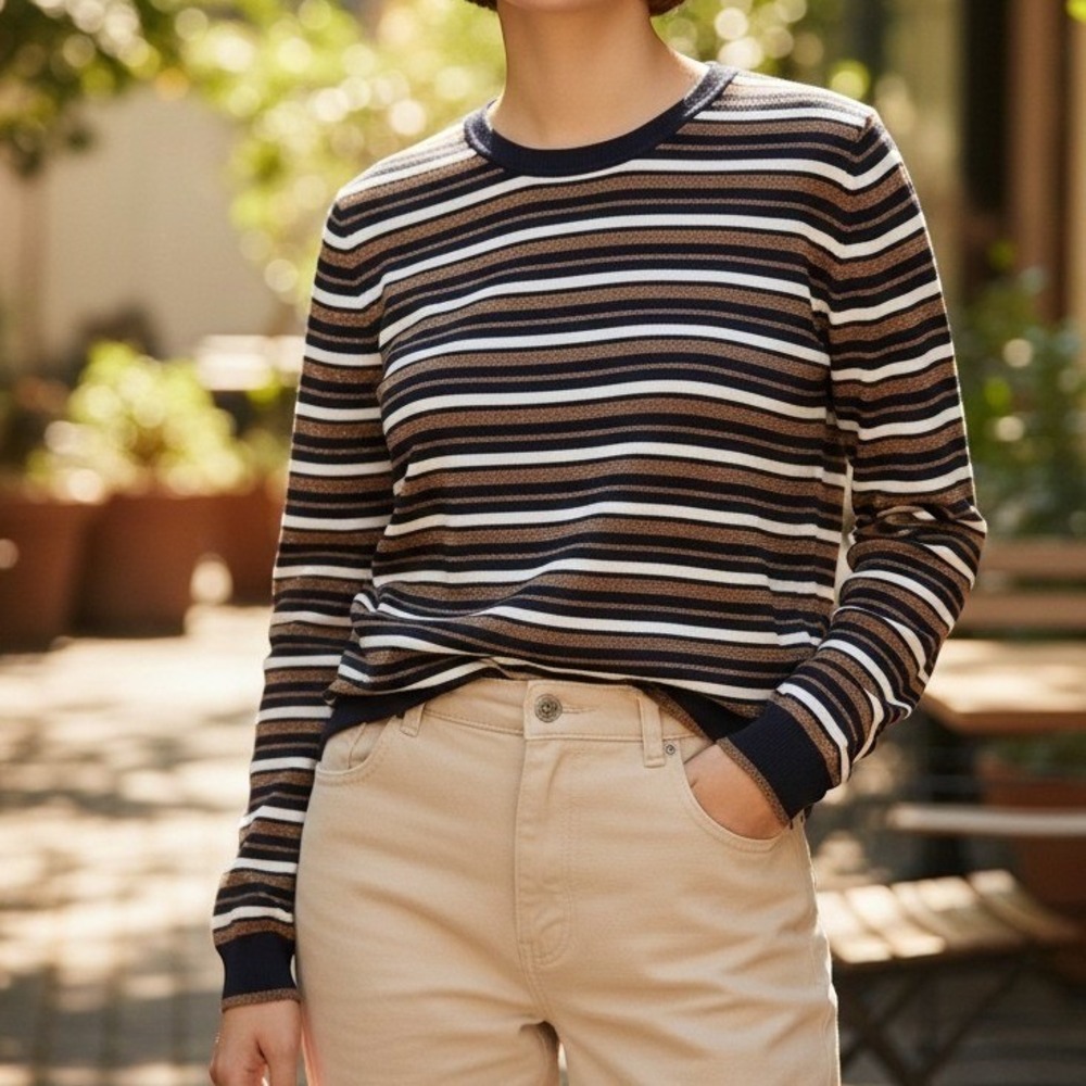Mystree Sweater Women Small Navy Copper White Metallic Striped Knit Pullover